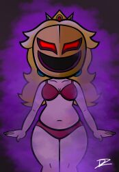 alternate_costume aura bare_shoulders bikini blonde_hair breasts cleavage corruption drawerzay earrings femsub glowing_eyes hypnotic_mask living_costume looking_at_viewer mask midriff navel nintendo phanto possession princess princess_peach red_eyes super_mario_bros. super_mario_bros._wonder thighs very_long_hair