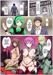 breasts clothed_exposure comic empty_eyes happy_trance harem_outfit jewelry kneeling large_breasts multiple_girls multiple_subs petrification shinenkan text thighhighs topless