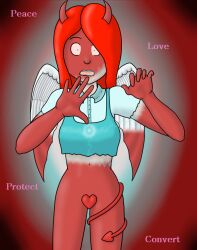 angel angel_girl changer demon_girl femsub monster_girl purification red_hair succubus surprised text wings
