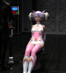  3d absurdres anera arms_behind_back bare_shoulders belt blue_eyes bondage boots brain chair cleavage femsub gloves high_heels leotard magical_girl maledom monitor open_mouth opera_gloves purple_hair short_hair sitting skirt small_breasts tech_control thigh_boots thighhighs 