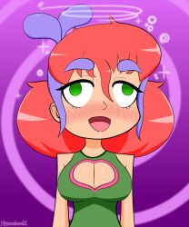  blush breasts cleavage cleavage_cutout clothed dazed drool empty_eyes female_only femsub hair_buns happy_trance hypnolordx large_breasts multicolored_hair naomi_(penken) open_mouth original signature spiral spiral_background wall_eyed 