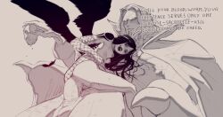  alternate_costume bare_shoulders black_hair castlevania corruption dialogue dracula english_text femsub fishnets greyscale harsh-mallowz looking_at_viewer maledom monochrome netorare no_eyes shanoa sitting size_difference speech_bubble tagme text topless vampire wings 