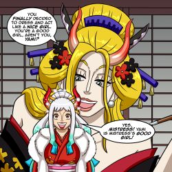  bare_shoulders blonde_hair blue_eyes dialogue earrings empty_eyes female_only femdom femsub fur_coat geisha giantess hair_ornament happy_trance horns kimono long_hair maggotmike one_piece ponytail red_eyes red_lipstick speech_bubble text white_hair yamato_(one_piece) 