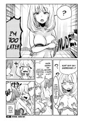  blush bottomless bra breasts cleavage comic confused dialogue empty_eyes femsub humor large_breasts magical_sempai maledom midriff nude open_mouth pet_play right_to_left school_uniform sempai_(magical_sempai) suit sweat text topless underwear undressing 