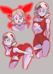 arms_behind_back ass ass_focus asymmetrical_eyelids aura breasts chronoa corruption dragon_ball dragon_ball_heroes earrings elf_ears enemy_conversion expressionless female_only femsub flat_chest grey_background hourglass_figure looking_at_viewer multiple_views navel nipples open_mouth purple_skin red_eyes red_hair schlumper short_hair simple_background small_breasts thick_thighs white_hair