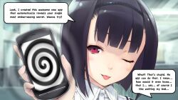 black_hair blush cell_phone dialogue disgustinggirl_(manipper) female_only femdom humor hypnotic_app hypnotic_screen looking_at_viewer manip pov pov_sub purple_eyes spiral text tongue tongue_out wink