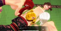 3d blonde_hair bottomless breasts brown_hair cunnilingus curly_hair dialogue female_only femsub japanese_clothing kamen_writer_mc kimono large_breasts mc_trap_town multiple_girls multiple_subs oral ponytail red_hair rina_(mc_trap_town) screenshot text topless translated twintails white_hair whitewash_eyes