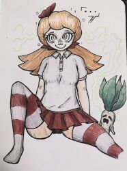  absurdres blonde_hair clothed dazed denzeldukito don't_starve flower flower_in_hair hair_ornament happy_trance hypnotic_voice long_hair orange_hair shirt short_skirt simple_background sitting skirt smile sparkle speech_bubble spiral spiralwash_eyes spread_legs thighhighs thighs traditional wendy_(don't_starve) white_background 