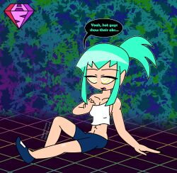  abs aged_up altered_common_sense androgynous_dom bare_shoulders collarbone english_text eyebrows_visible_through_hair green_hair heavy_eyelids hypnoscream leo malesub midriff muscle_boy navel open_mouth ponytail pov_dom shiny_hair shiny_skin shirt_pull shorts simple_background sitting speech_bubble spiralwash_eyes tank_top undressing yellow_eyes yu-gi-oh! yu-gi-oh!_5d's 