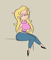  apopop aurora_(jabberwocky) blonde_hair dazed female_only femsub glasses heavy_eyelids jeans long_hair open_mouth original pink_eyes shoes simple_background sitting solo sparkle spiral sweater 