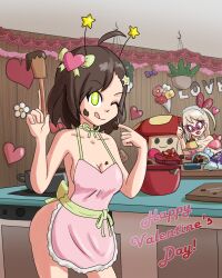  antenna_(biology) apron bappy_(hypnolandom) bare_shoulders breasts choker cleavage cygames english_text eye_color_change fairy female_only femdom femsub food green_eyes heart liling_(bluenayru) looking_at_viewer mythkaz naked_apron nao_(world_flipper) one_eye_open original possession red_eyes smile stella_(world_flipper) symbol text tongue tongue_out valentine's_day wink world_flipper 