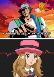  absurdres ash_ketchum black_hair brown_hair dialogue doggos_doujins empty_eyes english_text femsub fist_of_the_north_star hypno maledom meme nintendo pokemon pokemon_(anime) pokemon_(creature) pokemon_red_green_blue_and_yellow serena_(pokemon) text 