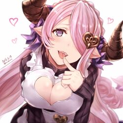  animated animated_gif blush bow breasts cleavage demon_girl elf_ears female_only femdom finger_to_mouth granblue_fantasy hair_covering_one_eye hair_ornament horns hypnosoul_(manipper) hypnotic_eyes large_breasts long_hair looking_at_viewer manip monster_girl nabeshima_tetsuhiro narumeia open_mouth pink_hair pov pov_sub purple_eyes ribbon smile tongue tongue_out 