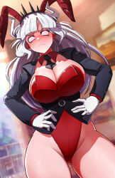  blush breasts bunny_ears bunny_girl bunnysuit cleavage collar demon_girl embarrassed exposed_chest fake_animal_ears female_only femsub gloves glowing glowing_eyes hand_on_hip helltaker horns huge_breasts large_hips long_hair looking_at_viewer lucifer_(helltaker) manip misterman4_(manipper) mole spiral_eyes straight-cut_bangs suit sweat symbol_in_eyes tie white_hair yafusa 