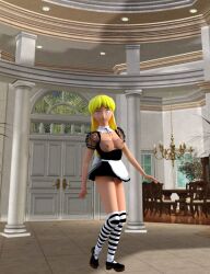  3d ass blonde_hair breasts exposed_chest hypno-tato maid short_skirt skirt socks spiral spiral_eyes standing symbol_in_eyes 