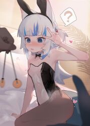  ahedtra armpits bangs bed blue_eyes blue_hair blush bow_tie breasts breath bunny_ears bunnysuit confused erect_nipples_under_clothes eyebrows_visible_through_hair fake_animal_ears femsub fish_girl fishnets gawr_gura heart heart_eyes hololive hololive_english loli long_hair pendulum posing pov pov_dom sitting small_breasts straight-cut_bangs sweat symbol_in_eyes tagme trembling v virtual_youtuber white_hair 