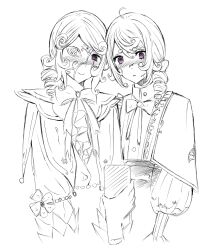  ahoge blush bow cibomatto030 clothed drill_hair edgar_valden expressionless femboy glowing glowing_eyes happy_trance hypnotic_screen identity_v malesub mask multiple_boys multiple_subs phone simple_background sketch tech_control white_background 