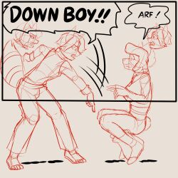 beatheartista beck_(beatheartista) body_swap character_request dialogue english_text femdom furry malesub meme monochrome original pet_play short_hair sketch speech_bubble squatting tail text