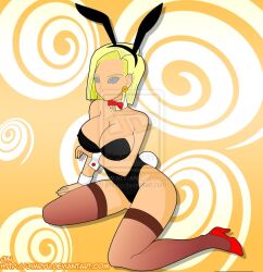  android_18 blonde_hair breasts bunny_ears bunny_girl bunnysuit cuffs dragon_ball expressionless fake_animal_ears female_only femsub high_heels jimryu kneeling large_breasts short_hair solo spiral_eyes symbol_in_eyes thighhighs 