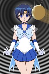 blue_hair breasts choker earrings empty_eyes female_only femsub gloves imightbemick jewelry large_breasts open_mouth pendulum pocket_watch sailor_mercury sailor_moon_(series) short_hair skirt solo