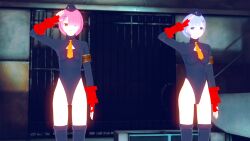  3d empty_eyes female_only femsub gloves koikatsu! ram_(re:zero) re:zero_starting_life_in_another_world rem_(re:zero) saluting shadaloo_dolls standing standing_at_attention street_fighter 