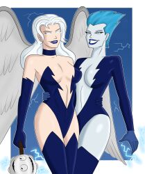 blue_hair breasts cleavage corruption dc_comics female_only femdom femsub glowing glowing_eyes happy_trance hawkgirl large_breasts livewire long_hair polmanning short_hair smile super_hero superman_(series) western white_hair