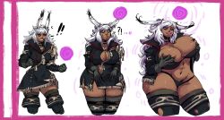 absurdres animal_ears before_and_after bimbo_sparkles bimbofication bra breast_expansion breasts bunny_ears dark_skin femsub final_fantasy final_fantasy_xiv heterochromia holding_breasts huge_breasts large_breasts lipstick long_hair navel panties pink_lipstick spiral tongue tongue_out transformation underwear viera weight_gain white_hair