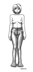 breasts dazed earrings expressionless female_only femsub greyscale jewelry large_breasts monochrome original panties pantyhose short_hair sleepymaid solo spiral_eyes standing standing_at_attention symbol_in_eyes topless traditional underwear