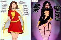  alternate_costume bare_legs before_and_after breast_expansion breasts brown_eyes brown_hair cape cleavage corruption dc_comics dialogue dress_lift earrings female_only femsub fishnets garter_straps lipstick makeup mary_marvel open_mouth polmanning pussy skirt skirt_lift speech_bubble standing super_hero tattoo text thighhighs 