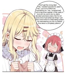  blonde_hair blush female_only femdom femsub humor maid maid_headdress manip meme please_bully_me_miss_villainess red_hair sexuality_change spiral_eyes sunt-ermico_(manipper) text wholesome 
