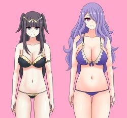 absurdres bikini black_hair breasts camilla_(fire_emblem_fates) cleavage empty_eyes female_only femsub fire_emblem fire_emblem_awakening fire_emblem_fates hair_covering_one_eye happy_trance large_breasts long_hair navel nintendo open_mouth princess purple_hair smile standing tharja the_only_shoe
