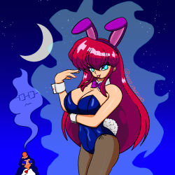 absurdres alternate_hairstyle aura bare_shoulders blue_eyes breasts bunny_girl bunnysuit character_request choker clothed corruption eye_color_change fake_animal_ears femsub fishnets large_breasts nail_polish neopancho night outdoors ranma_1/2 ranma_saotome red_hair symbol_in_eyes tail tongue tongue_out very_long_hair