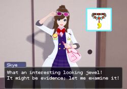  3d ace_attorney brown_hair ema_skye glasses_on_head hypnotic_magic_(artist) large_breasts long_hair smile text 