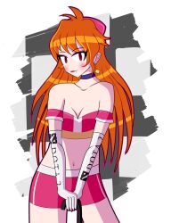  advertisement ahoge arm_bands bangs bare_shoulders blush cleavage collarbone dota_2 earrings empty_eyes eyebrows_visible_through_hair eyeshadow fangs female_only femsub gloves happy_trance lina_inverse lipstick long_hair looking_at_viewer makeup midriff mime-control navel opera_gloves orange_hair red_eyes shorts slayers smile solo transparent_background tube_top 