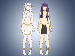 elf_ears empty_eyes femsub fern_(frieren:_beyond_journey&#039;s_end) frieren frieren:_beyond_journey&#039;s_end harem_outfit katsiika large_breasts long_hair purple_hair small_breasts twintails white_hair