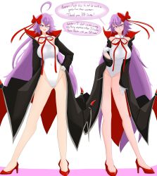 a_singular_fish ahoge bare_legs bare_shoulders bb_(fate/extra_ccc) bow breasts coat dialogue fate/grand_order fate_(series) female_only femdom femsub gloves happy_trance high_heels jeanne_alter jeanne_d'arc_(fate) large_breasts leotard licking_lips multiple_girls multiple_subs purple_eyes purple_hair ribbon smile text tongue twinning very_long_hair