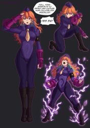  arm_bands boots dialogue earpiece electricity female_only femsub fingerless_gloves gloves green_hair grey_background hat hololive hololive_english kiara_takanashi leggings leotard long_hair multicolored_hair orange_hair purple_eyes saluting shadaloo_dolls signature standing_at_attention street_fighter tie victoriamikoto 