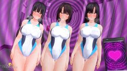  3d bare_legs bare_shoulders black_hair blue_eyes blush breasts breath brown_hair collarbone custom_maid_3d_2 dfish303 empty_eyes expressionless female_only femsub grey_eyes heart hypnotic_app japanese_text large_breasts long_hair looking_at_viewer multiple_girls multiple_subs original phone pov pov_dom pussy_juice short_hair shrunken_irises signature spiral spiral_background standing straight-cut_bangs sweat swimsuit text thigh_gap user_interface wet 