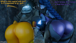  3d ass ass_focus bent_over black_hair blue_hair blue_skin bodysuit braid brown_hair dialogue eh female_only femsub glowing_eyes huge_ass hypnotic_orb light_skin long_hair multiple_girls multiple_subs overwatch ponytail sequence short_hair signature tagme text tracer widowmaker 