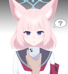  blue_archive blue_eyes confused femsub fox_ears fox_girl halo hypnotic_screen madoka_(mad_ca_enraiten) open_mouth phone pink_hair pov_dom school_uniform short_hair simple_background spiral_eyes tech_control white_background yoshino_niko 