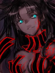 black_hair blue_eyes breasts corruption empty_eyes fate/stay_night fate_(series) female_only femsub large_breasts long_hair rin_tohsaka smile solo twintails