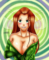 blush bodysuit breasts cleavage empty_eyes erect_nipples female_only femsub happy_trance hypnotic_eyes large_breasts long_hair midori-chan open_clothes red_hair sam spiral totally_spies undressing