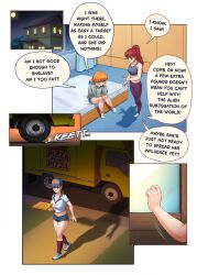 blue_eyes brown_eyes brown_hair cap chien_vietnam comic crop_top female_only hat humor orange_hair pizza ponytail red_hair text