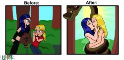 absurdres before_and_after blonde_hair blue_hair bottomless coils comic disney femsub flat_chest french_kiss glasses jungle kaa kaa_eyes kissing long_hair loriben1 maledom maya_(loriben1) multiple_girls multiple_subs nude open_mouth original ponytail snake tat_(loriben1) text the_jungle_book topless wink