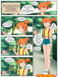  comic dialogue empty_eyes expressionless femsub jimryu misty nintendo pokemon pokemon_(anime) red_hair short_hair standing standing_at_attention suspenders team_hypno tech_control text 