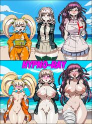  ai_art beach before_and_after chiaki_nanami dangan_ronpa female_only femsub hiyoko_saionji hypnotic_beam kimono large_breasts mikan_tsumiki mole multiple_girls nurse outdoors pussy school_uniform small_breasts super_dangan_ronpa_2 twintails undressing 