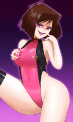  ahoge armpits aura bare_shoulders brown_hair choker corruption evil_smile eyelashes eyeshadow female_only femsub glowing gradient_background large_breasts lipstick looking_at_viewer nail_polish pink_background pink_eyes purple_lipstick rubber short_hair smile solo tea_gardner thick_thighs thigh_boots thighhighs yamimochi yu-gi-oh! 