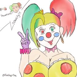  body_paint bow breasts clown clown_girl clownification collar earrings gloves heterochromia huge_breasts makeup multicolored_hair red_lipstick rosera smile transformation v 