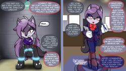 alternate_costume azure-lionheart before_and_after bow dialogue enemy_conversion eyeshadow femsub forced_employee furry glasses gloves high_heels lipstick luna_(enrise89) makeup original purple_hair red_eyes red_lipstick skirt solo sonic_the_hedgehog_(series) speech_bubble suit wolf_girl