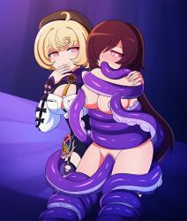  blonde_hair bottomless brown_hair censored character_request cleavage female_only femdom femsub hypnotic_eyes lazzysin long_hair multiple_girls nude original ring_eyes tentacles topless yidhari_(zenless_zone_zero) zenless_zone_zero 